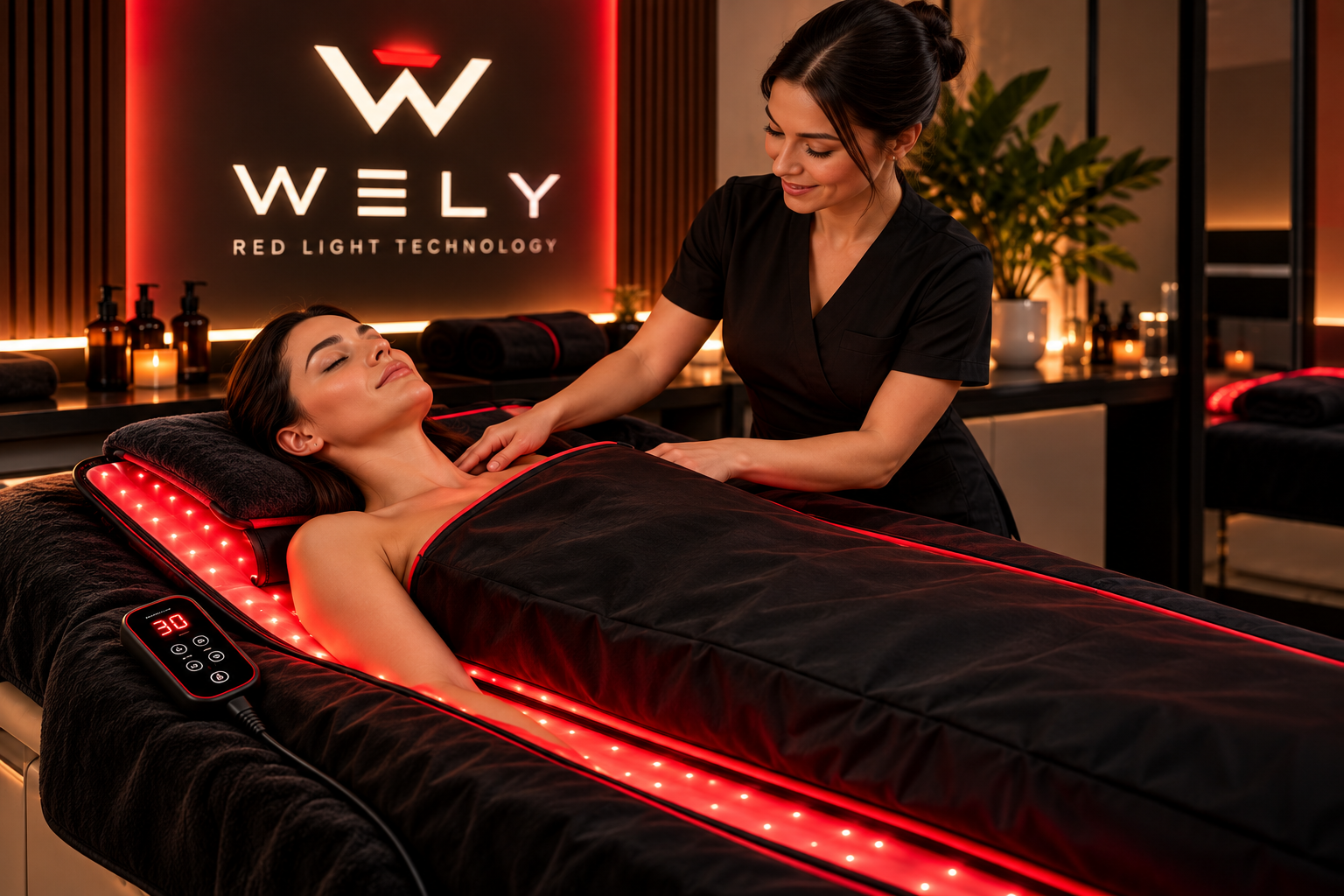 Esteticista atendiendo a una clienta con WELY BODY, representación ilustrativa